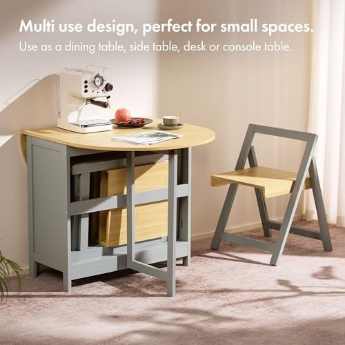 Foldable Dining Table & 4 Chairs 120cm Drop Leaf Grey Wood Set