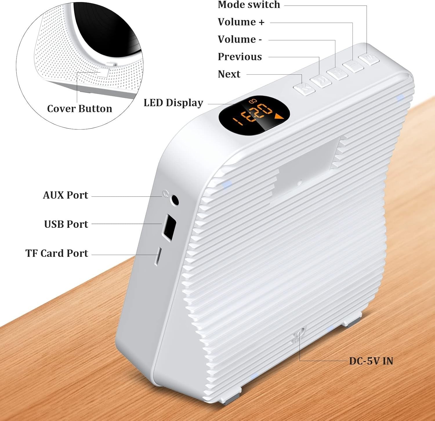 Desktop CD Player Bluetooth 5.1 FM Radio USB SD AUX Dual Speakers