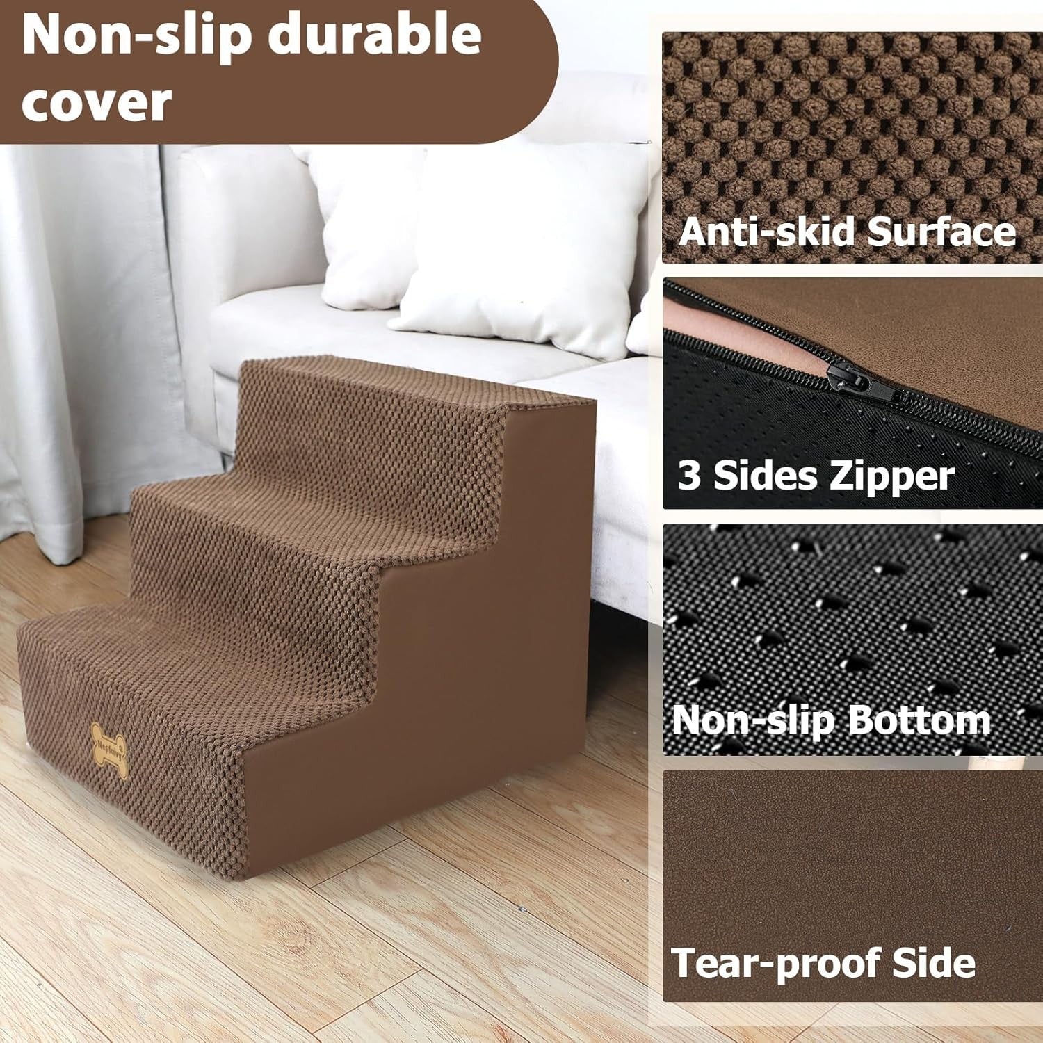 3-Step Dog Stairs Non-Slip Pet Ramp for Small Dogs Brown