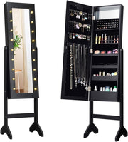 Black LED Full Length Mirror Jewelry Cabinet Lockable Freestanding Organizer
