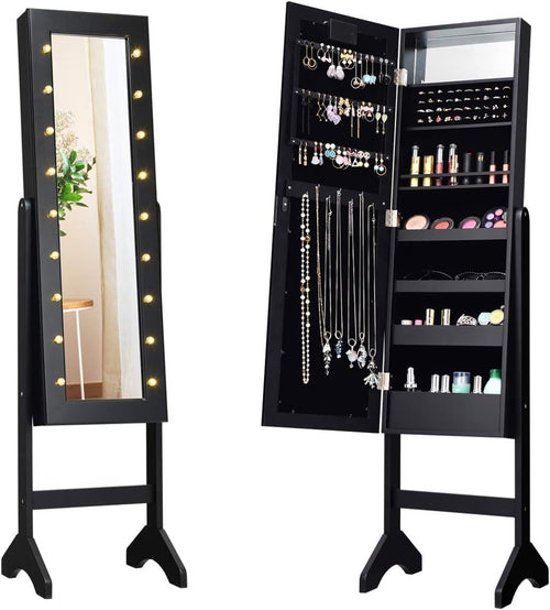 Black LED Full Length Mirror Jewelry Cabinet Lockable Freestanding Organizer