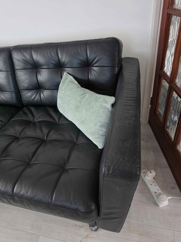 Large Black Leather Corner Sofa L-Shape Sofa (PTP)