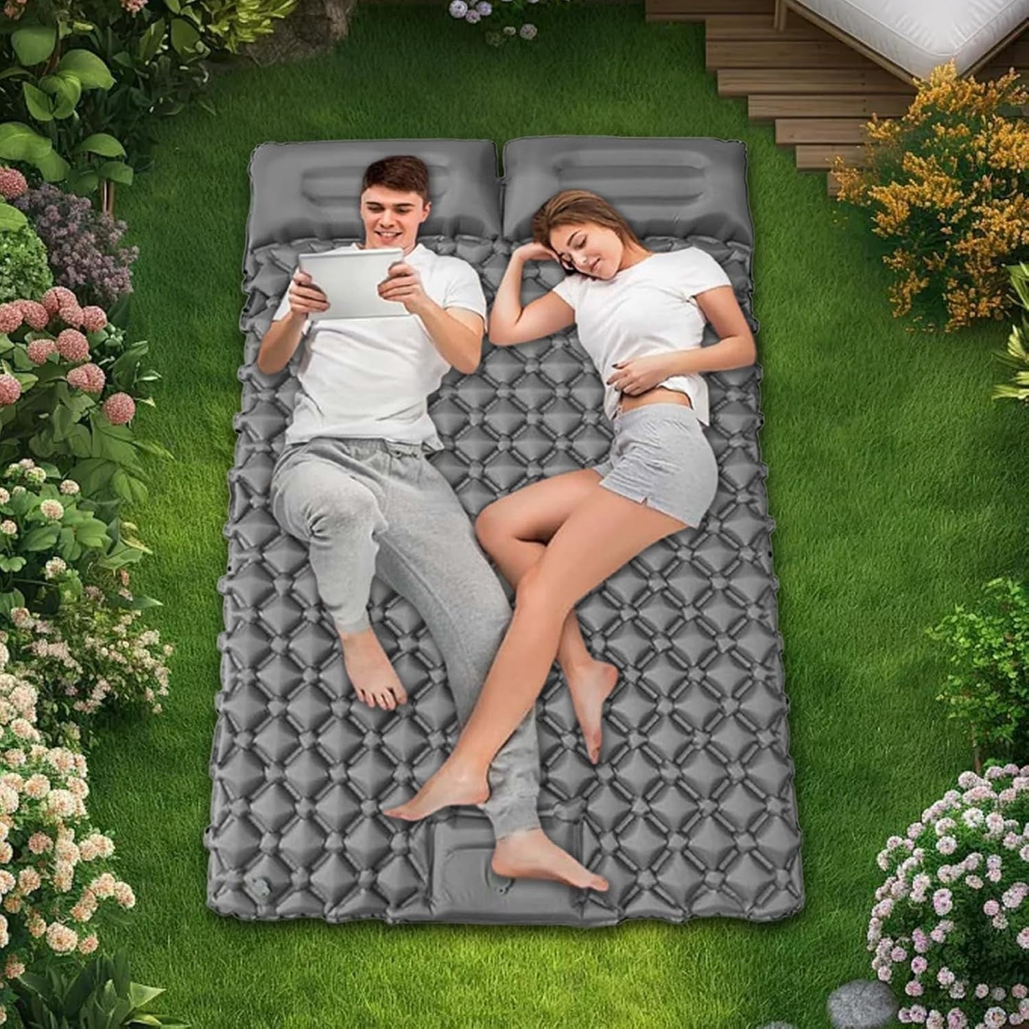 Double Inflatable Camping Sleeping Pad Waterproof Foldable 2 Person Mat