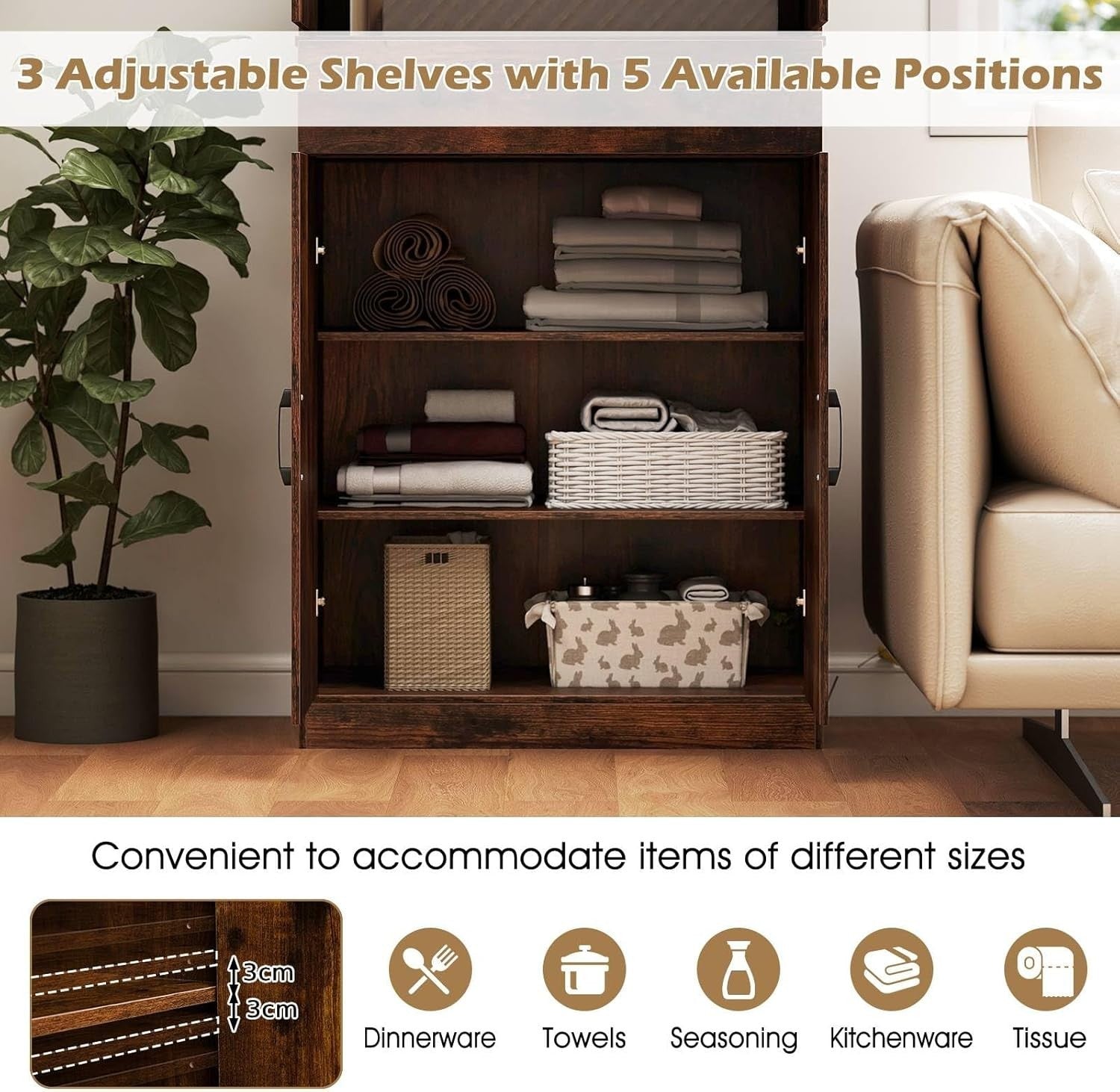 183cm Tall Kitchen Cupboard Rustic Brown 6-Tier Adjustable Drawer Storage