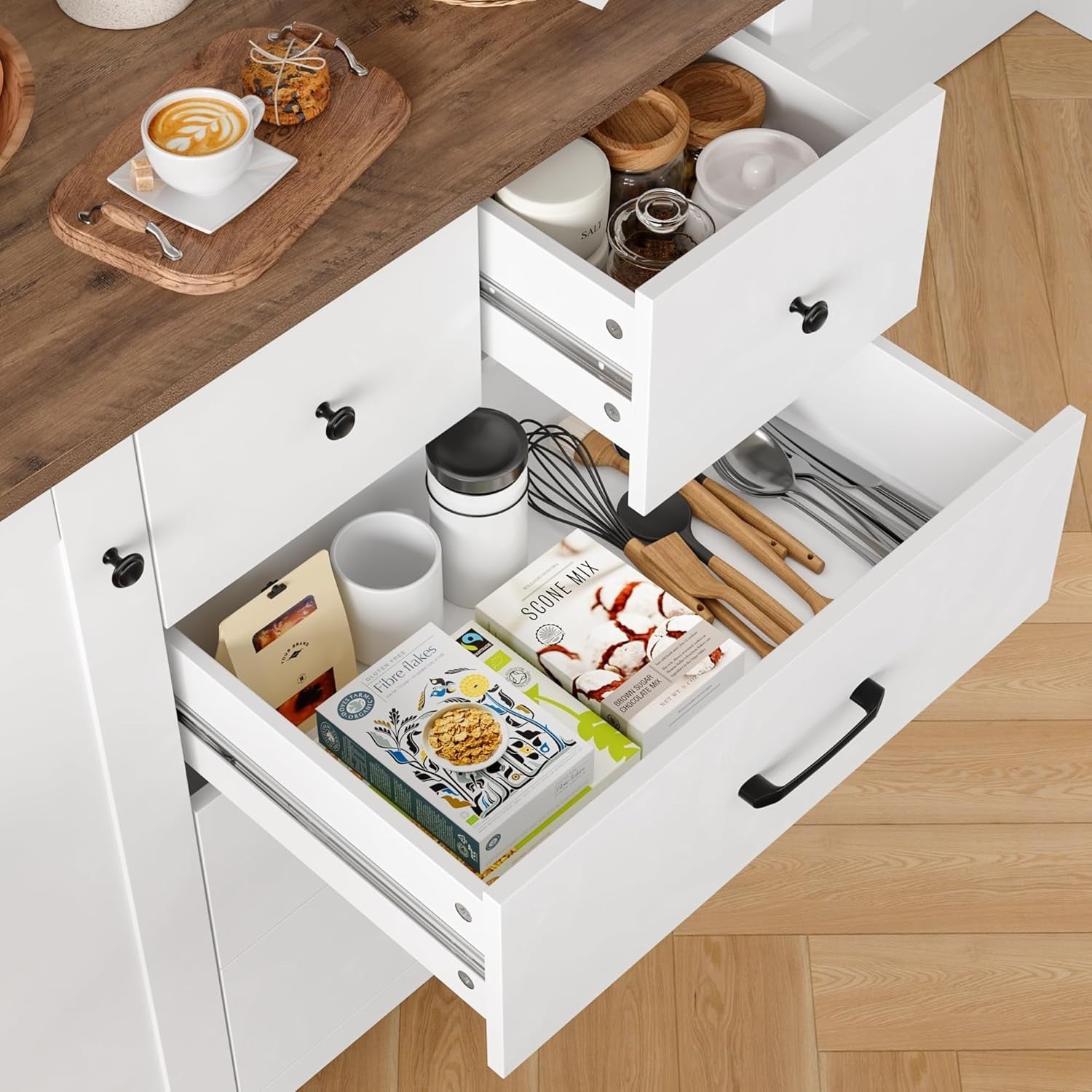 Modern Kitchen Sideboard with Adjustable Shelf & 5 Drawers White Brown