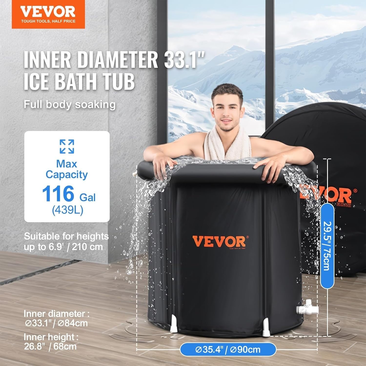 370L Inflatable Ice Bath Tub 90cm Portable Cold Plunge for Adults
