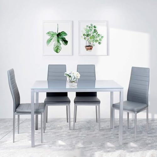 Modern 4-Seater Grey Glass Dining Table with Faux Leather Chairs