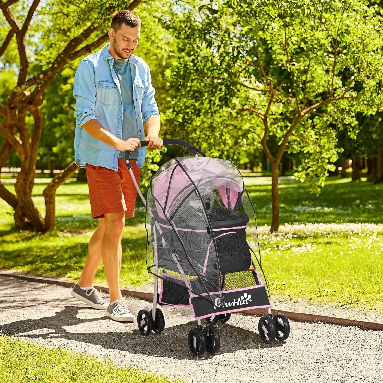 Pet Stroller 3-in-1 Foldable Dog Pushchair Rain Cover Pink Small Dogs