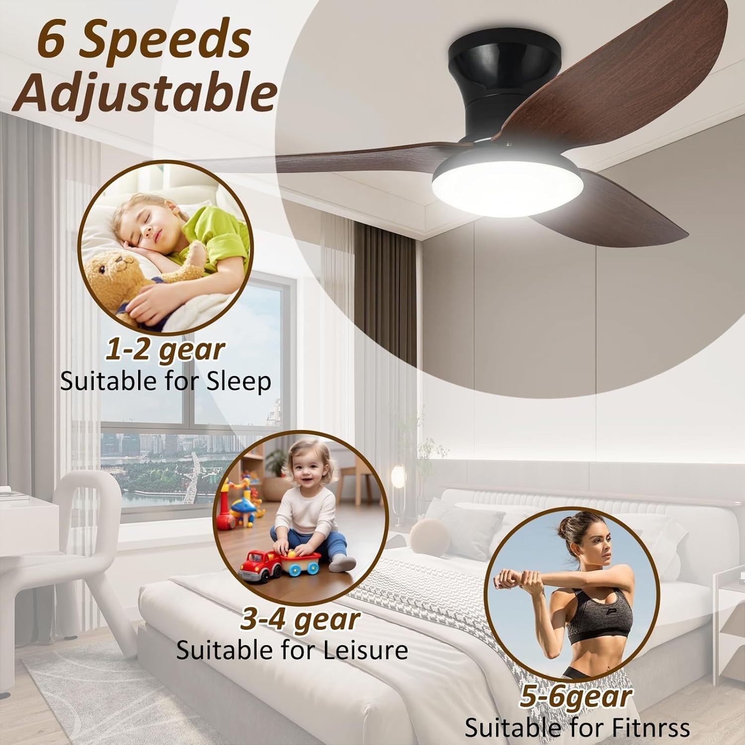 Lrenjon 100CM Ceiling Fan Light, 6-Speed Silent LED Flush Mount – Walnut