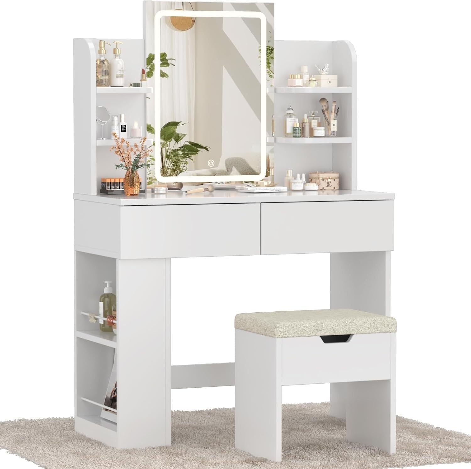Modern Dressing Table Vanity Mirror LED Lights Makeup Desk Storage Chair White