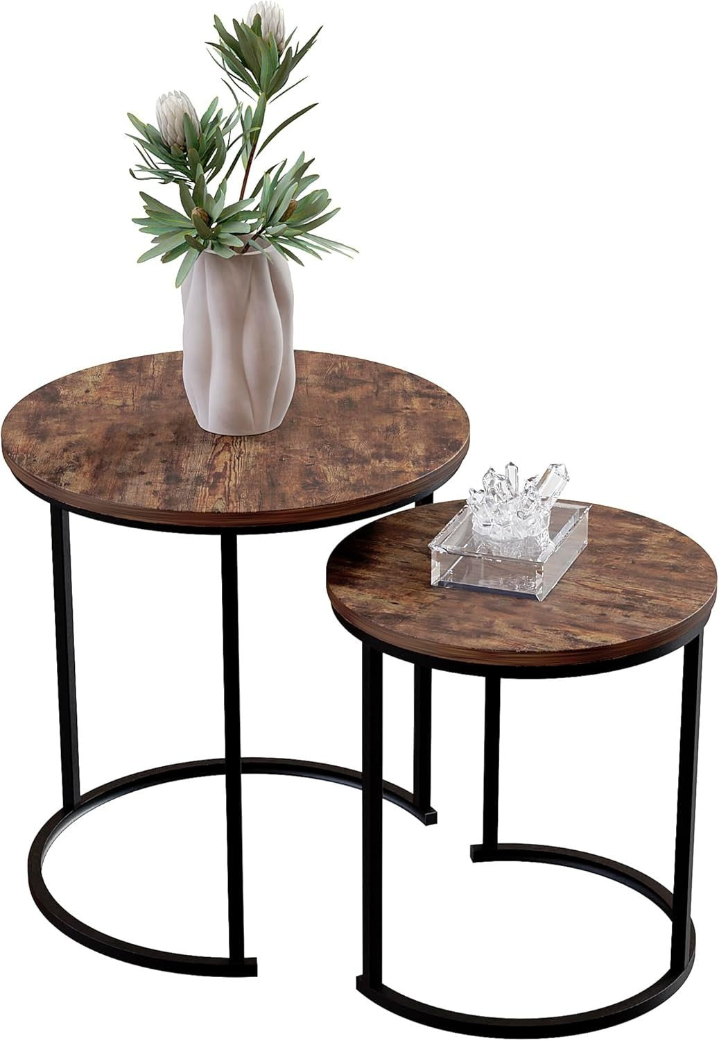 Set of 2 Industrial Nesting End Tables Wood Metal Frame Dark Coffee Side Modern