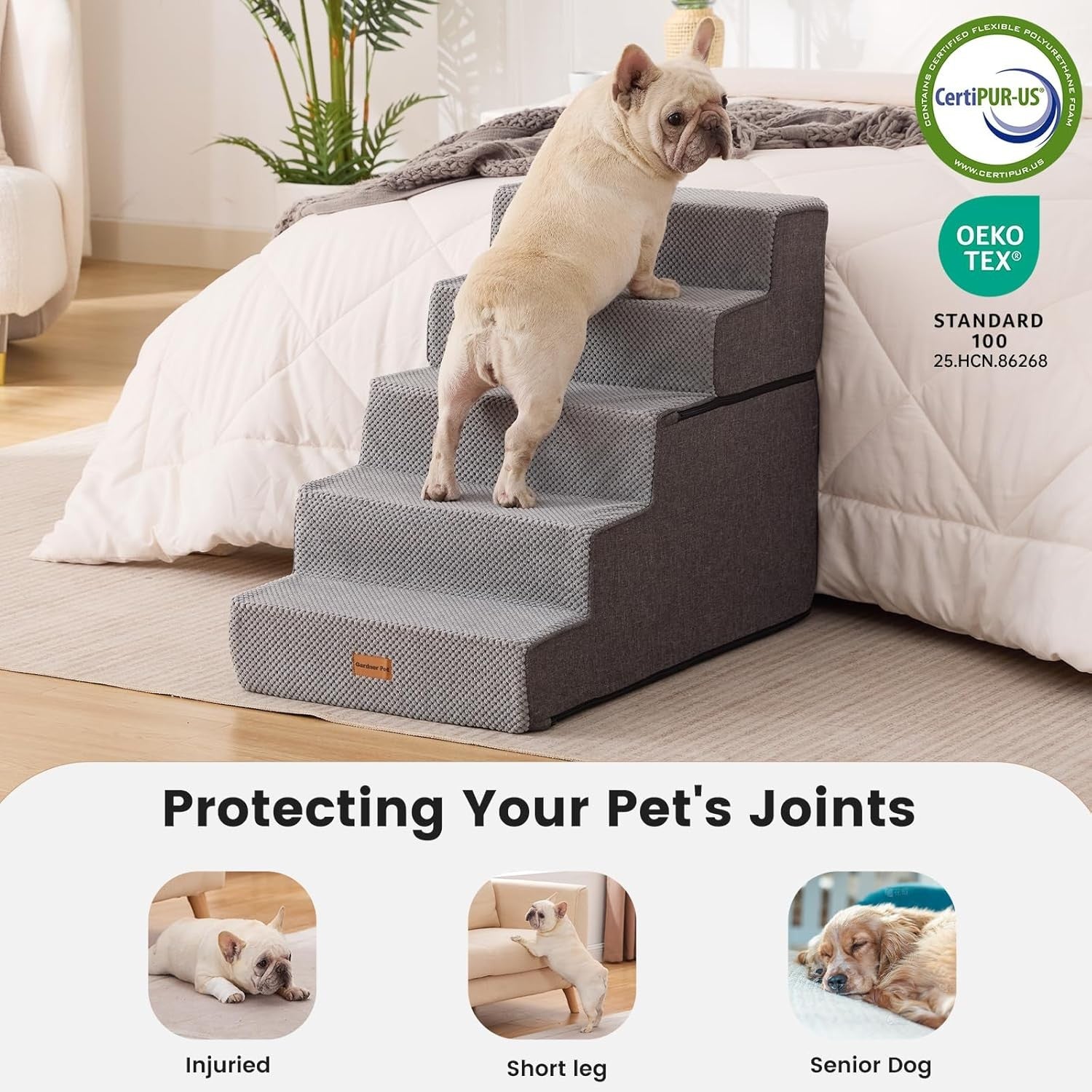 5 Step Adjustable Dog Stairs Foam Ramp Non-Slip Grey 58cm H