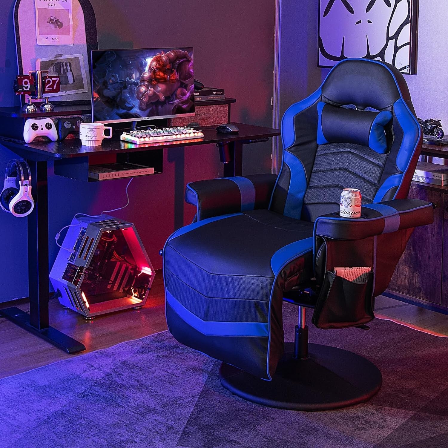 Massage Gaming Chair Recliner w/ Footrest Cup Holder Blue