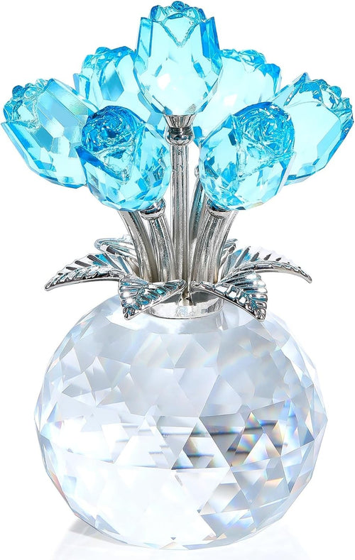 Light Blue Crystal Rose Bouquet Ornament Gift for Women Wife Anniversary Wedding