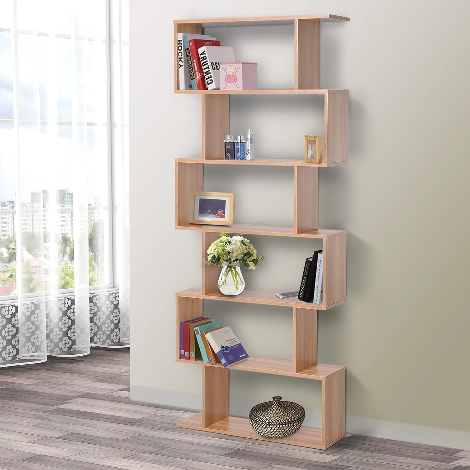 Modern S-Shape 6-Tier Bookcase Maple Wood Room Divider Display Shelf Unit