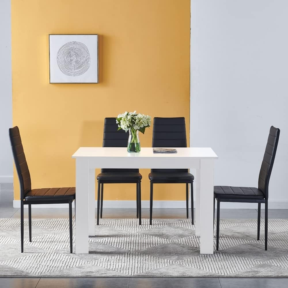White Dining Table & 4 Black Leather Chairs Space-Saving Set for Small Spaces
