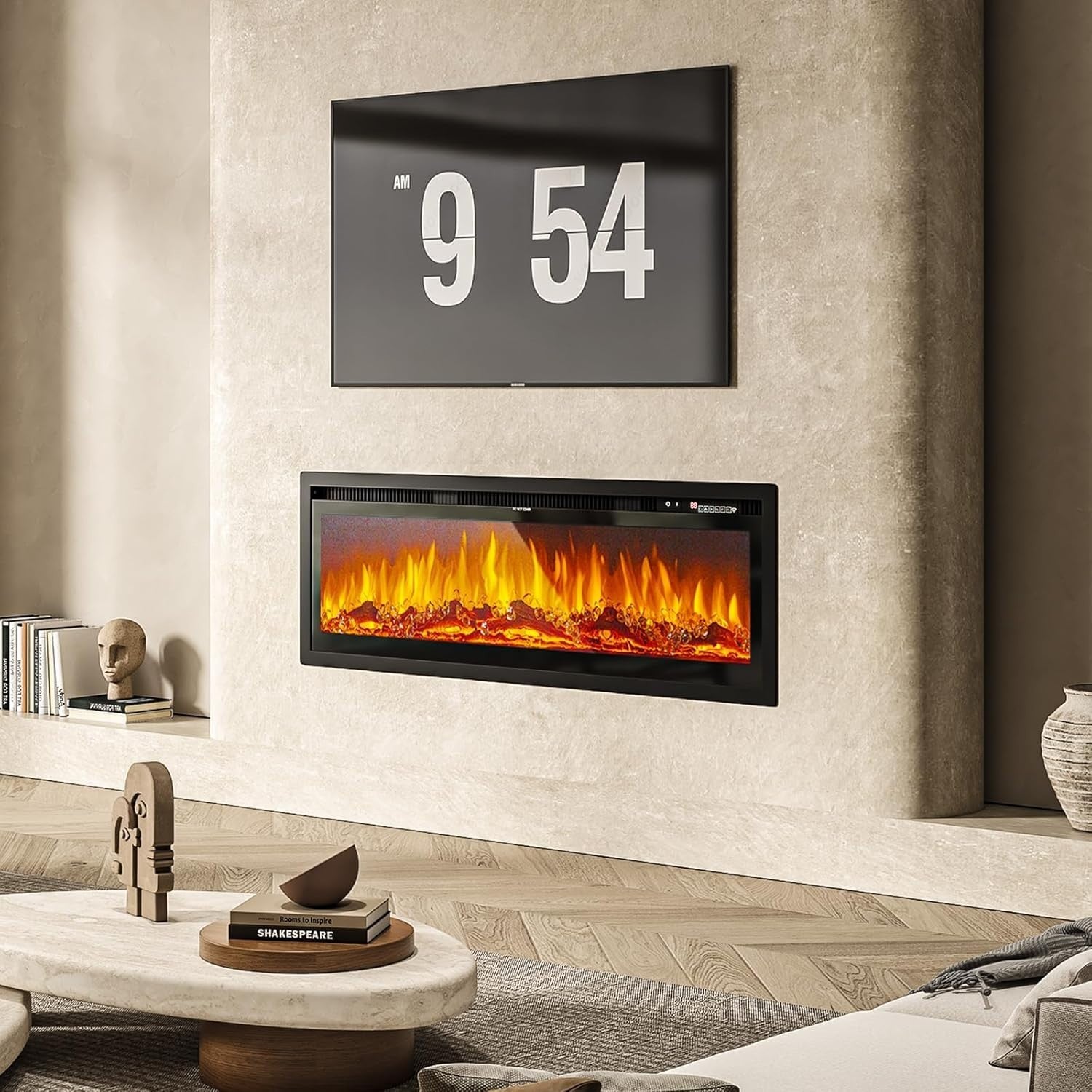 Electric Fireplace 40" Wall Mounted Heater WiFi LED Flame Remote Log Set