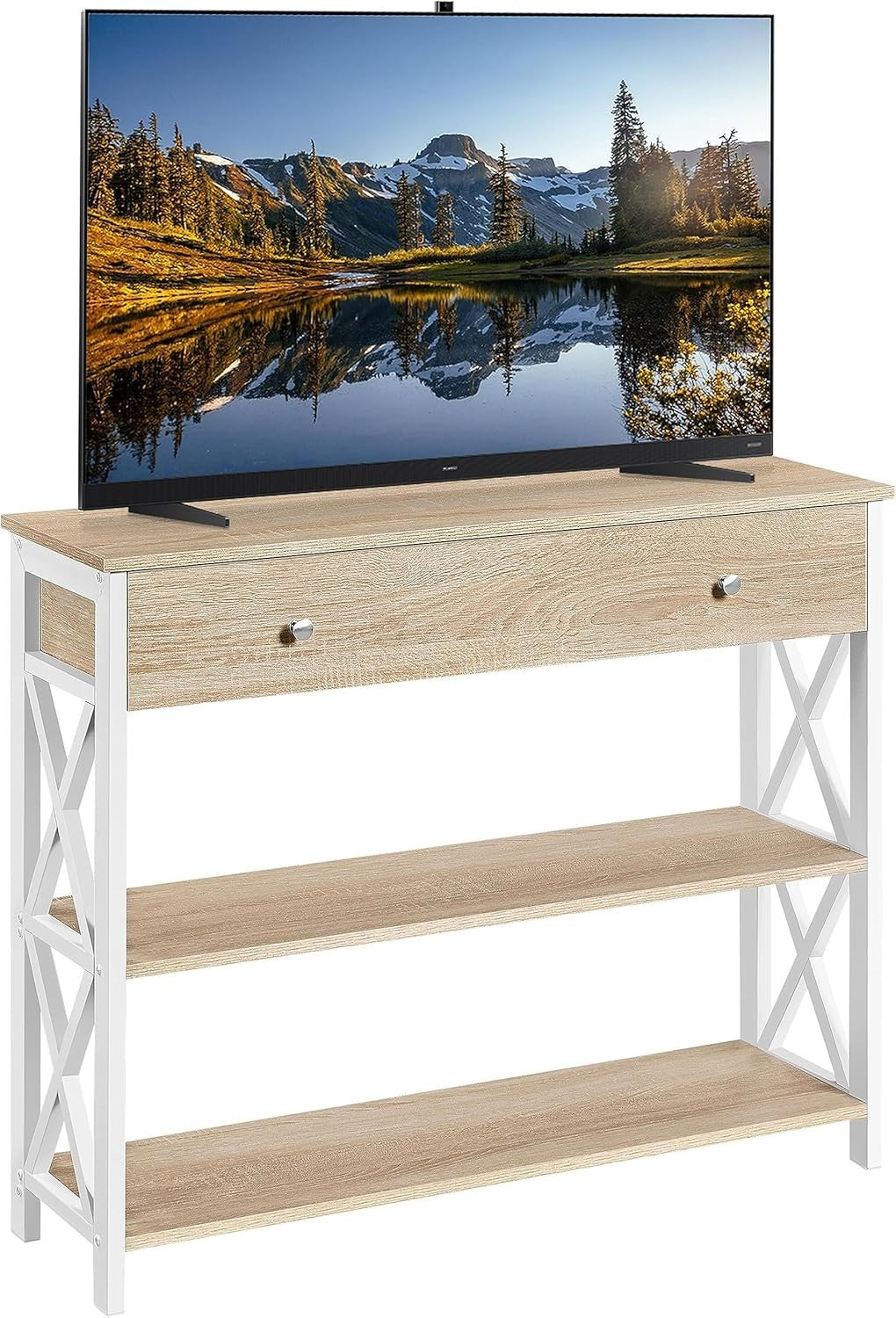 Sturdy Industrial Console Table with Drawer & Shelves, 100x29.5x81cm, Light Oak