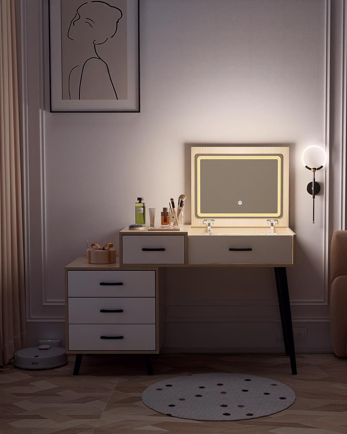 Adjustable Vanity Dressing Table Makeup Desk LED Mirror Storage Drawers