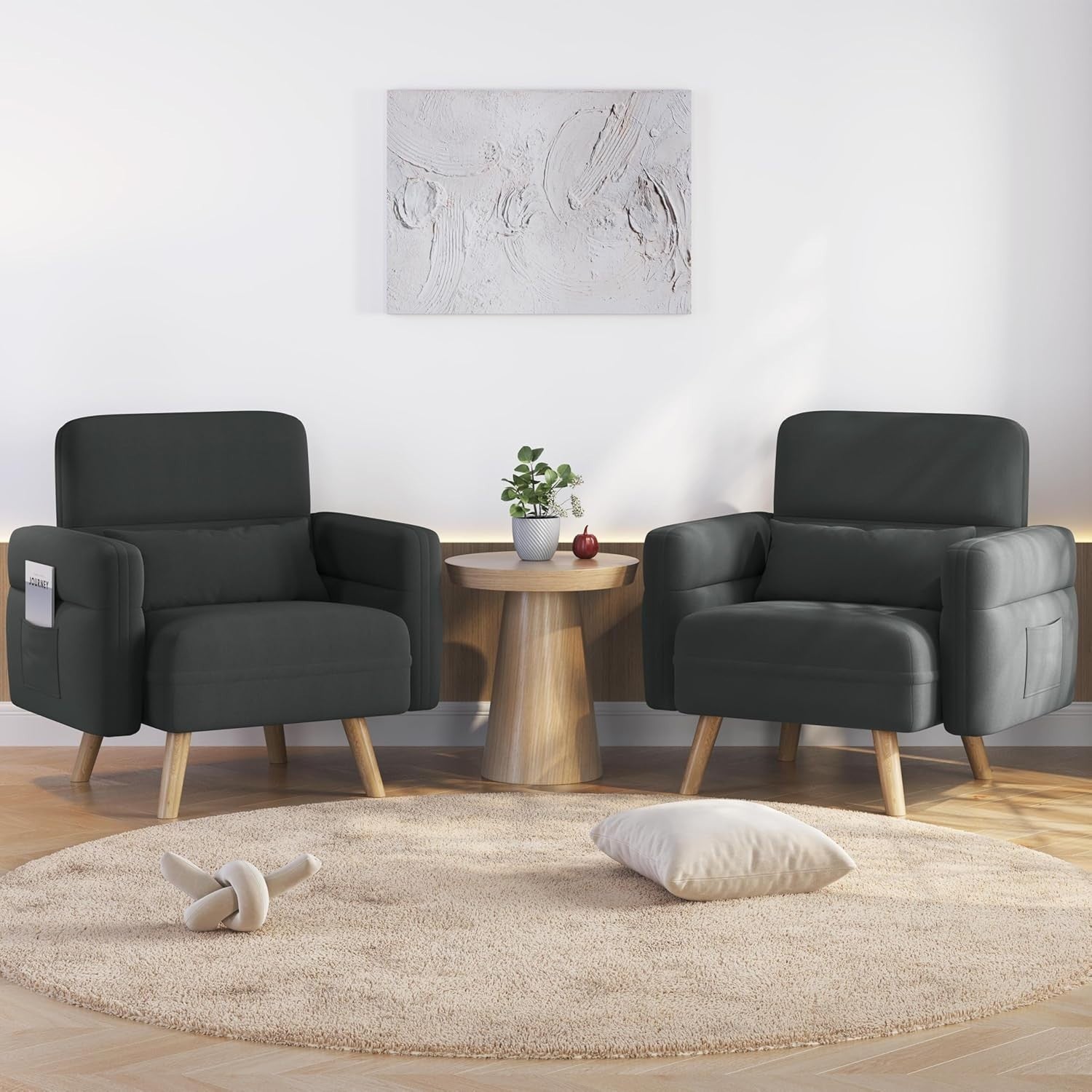 Compact Dark Grey Fabric Armchair with Storage Pockets & Tapered Legs