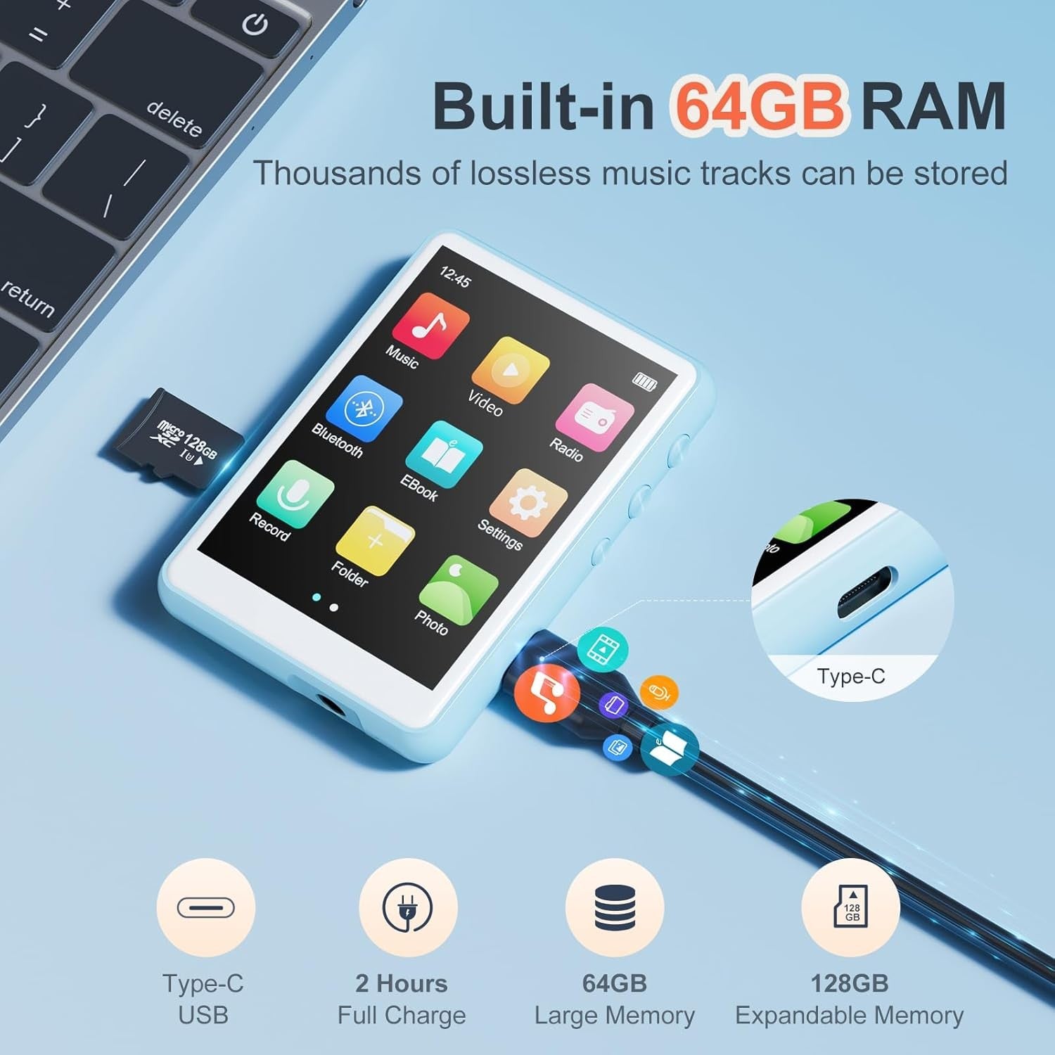 64GB MP3 Player Bluetooth 5.3 2.4" Screen FM Speaker HiFi