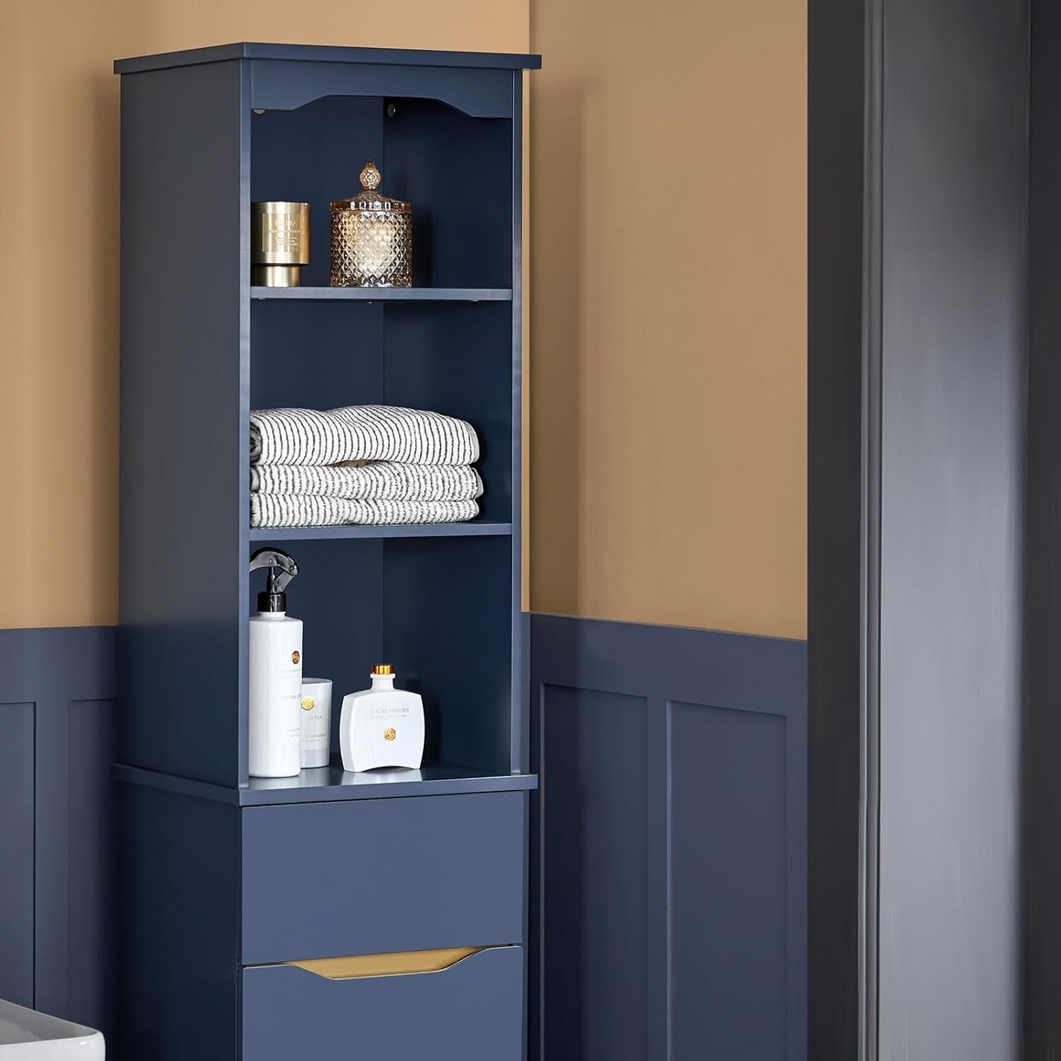 Slim Tall Bathroom Storage Cabinet with Drawer & 3 Shelves, Blue 35x30x170 cm