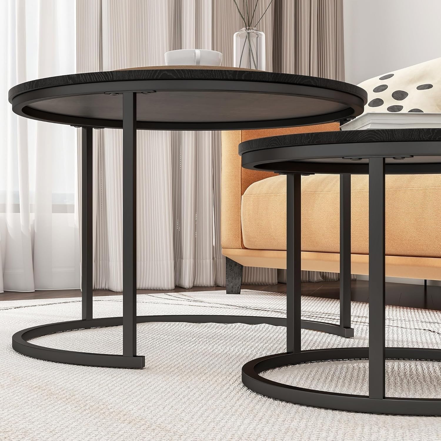 Space-Saving Round Nesting Coffee Table Set of 2, Sturdy Metal Frame (SV)