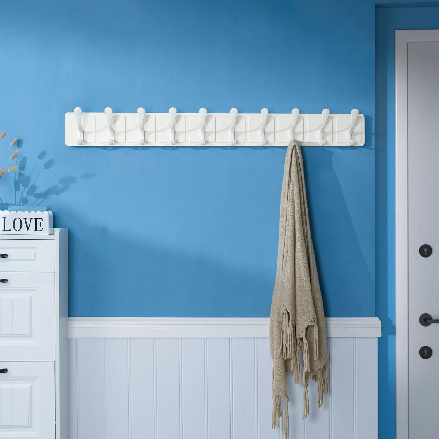 Scandi Wall Coat Rack 10 Hooks | White Wooden Hanger for Coats Hats Scarves