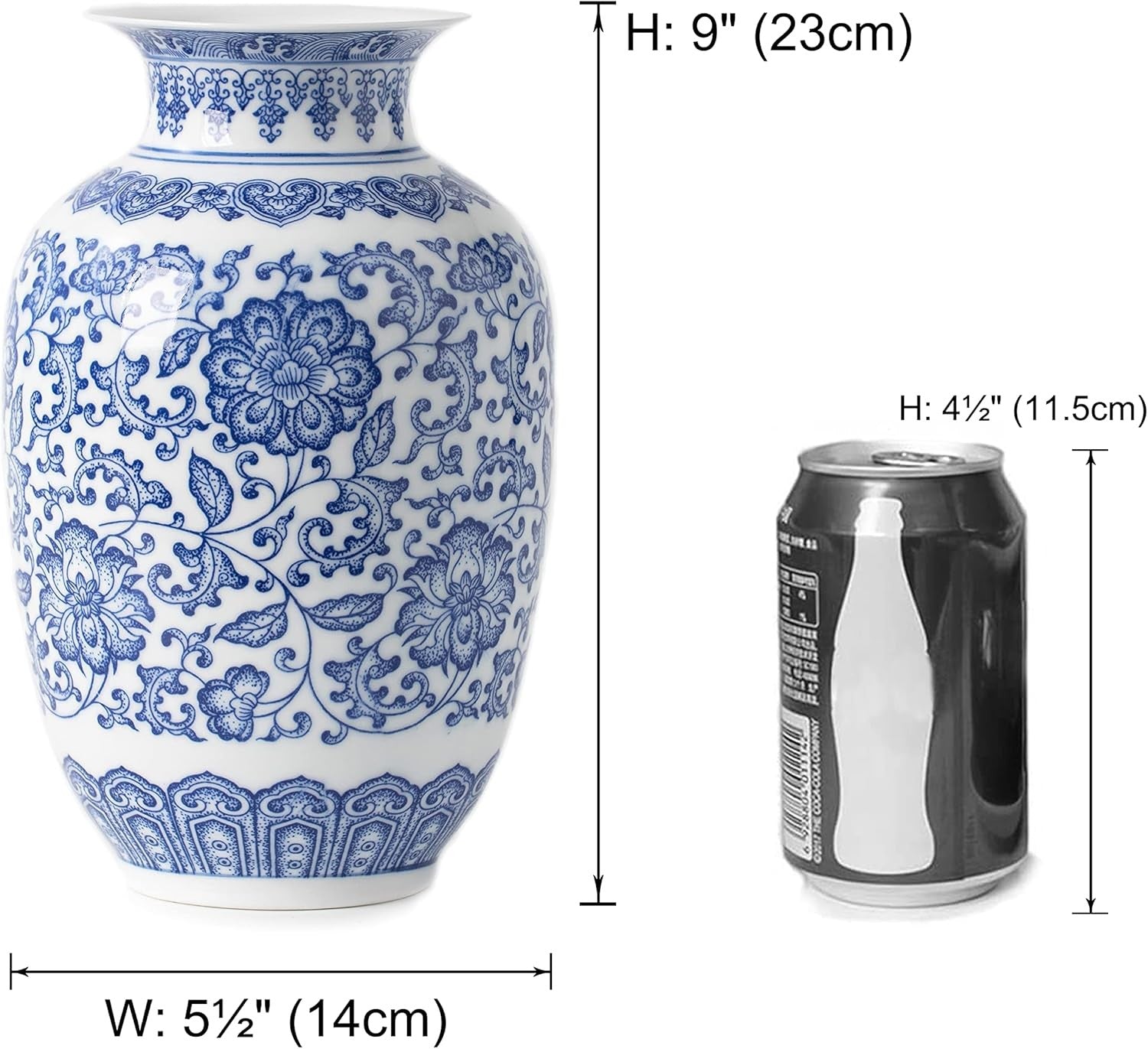 Blue White Ceramic Vase Chinoiserie Floral Decor Table Centerpiece 9 Inch