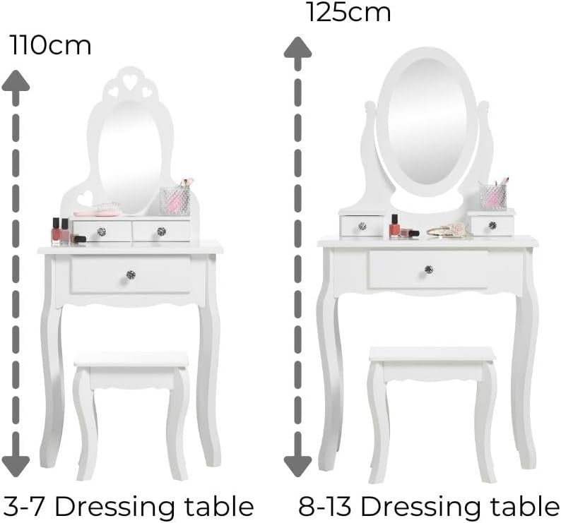Kids White Wooden Dressing Table with Mirror & Stool Girls Vanity Set