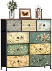 Retro Floral Pattern 9-Drawer Dresser Chest for Bedroom Nursery Storage