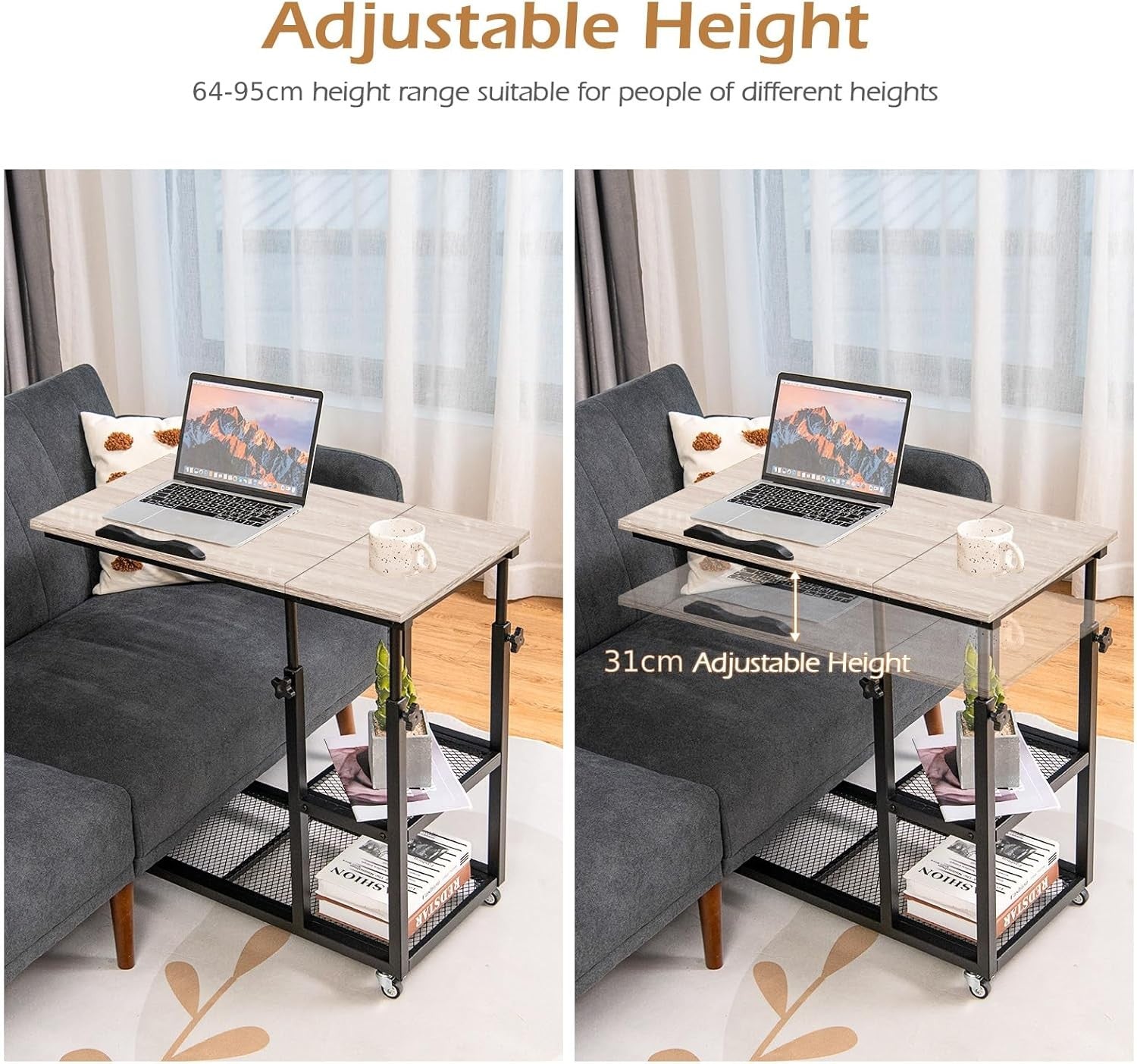 Natural Wood Overbed Table with Wheels Adjustable Sofa Side Laptop Desk