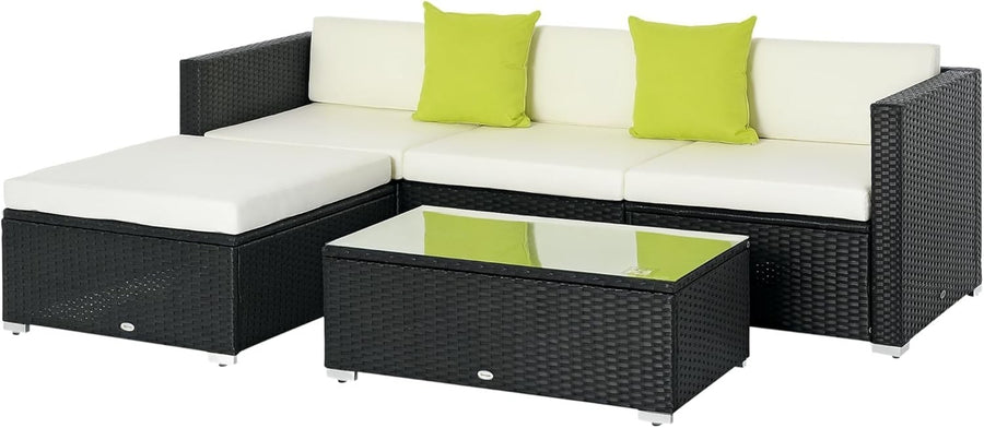 5PC Black PE Rattan Outdoor Sofa Set Cushions Glass Table Patio Furniture