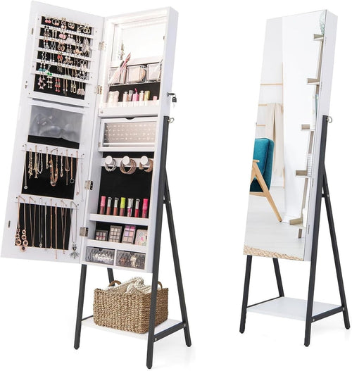 Standing Mirror Jewelry Armoire with LED Lights Lockable Storage Cabinet