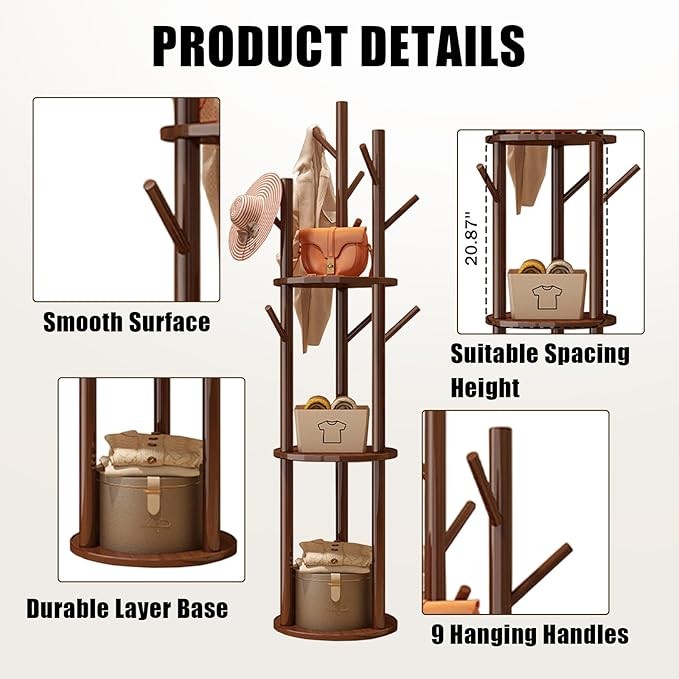 White Wood Freestanding Coat Rack | 3 Shelves 9 Hooks Hall Tree Stand for Coats
