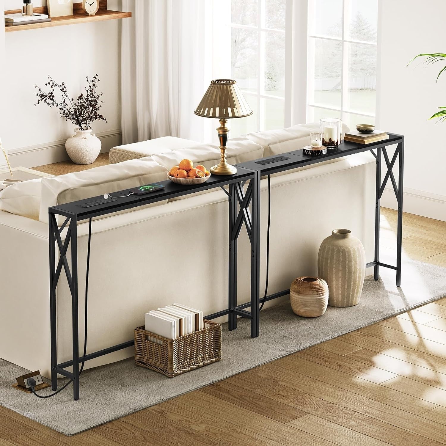 2x Slim Console Tables with USB Charging – 100cm Entryway or Sofa Table