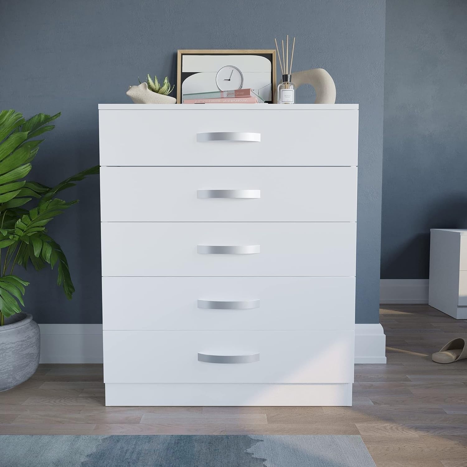 White High Gloss 5 Drawer Chest Storage Cabinet with Smooth Glide Drawers