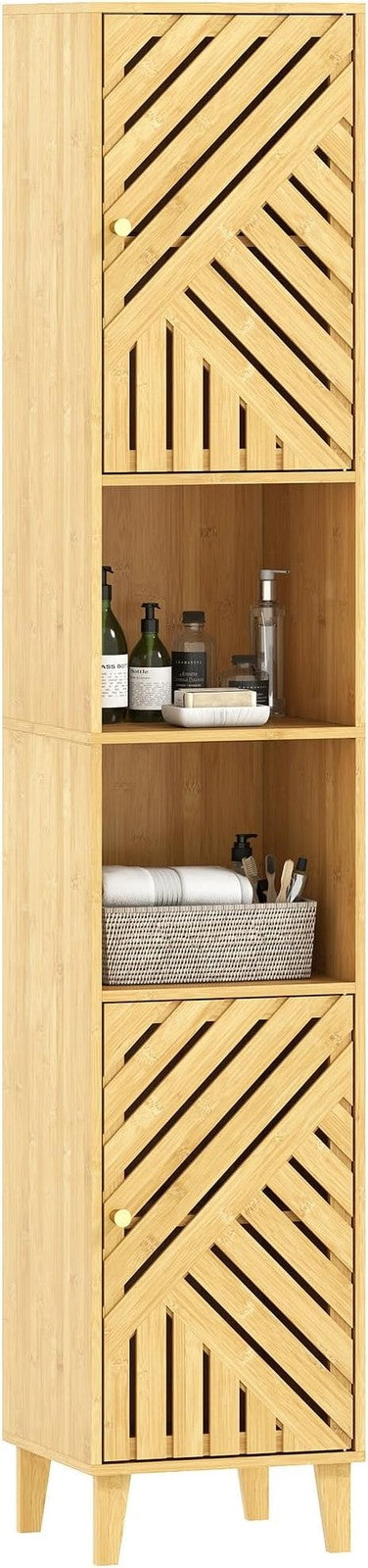 Slim Tall Bathroom Cabinet with Bamboo Doors, Adjustable Shelves, Modern