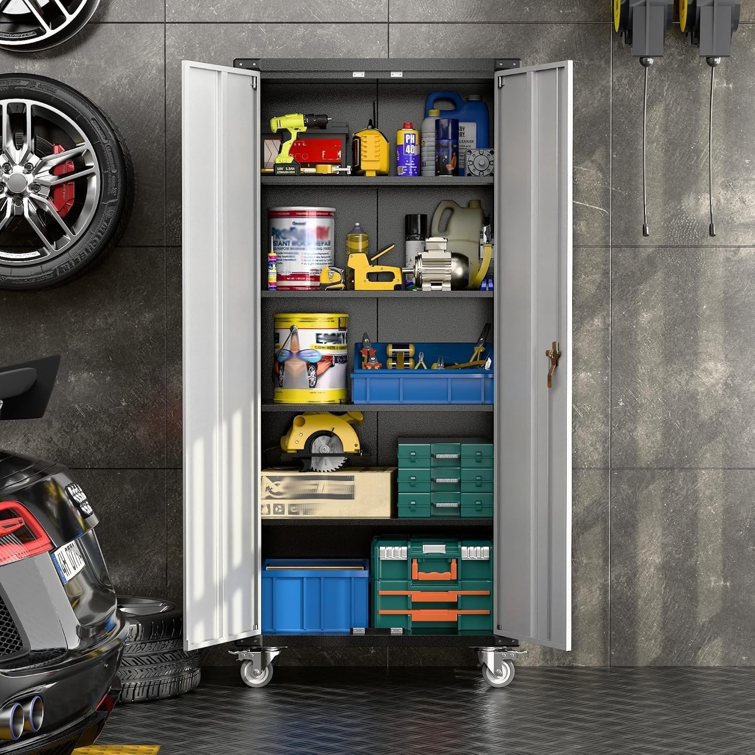 Tall Metal Storage Cabinet with Lockable Doors & Adjustable Shelves