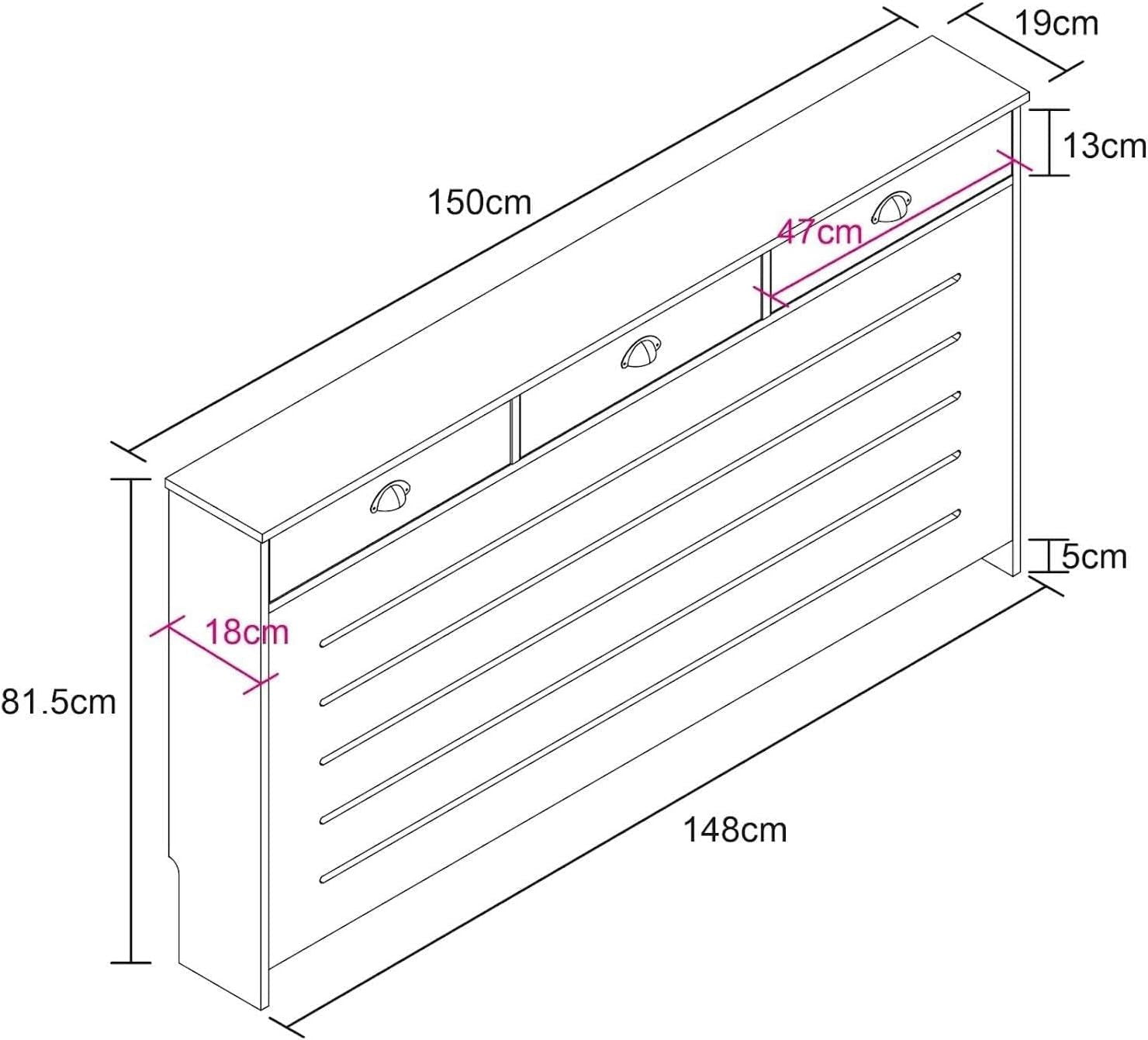 Cream Radiator Cover 150x19x96cm MDF Heating Cabinet | 3 Drawer Horizontal Slat