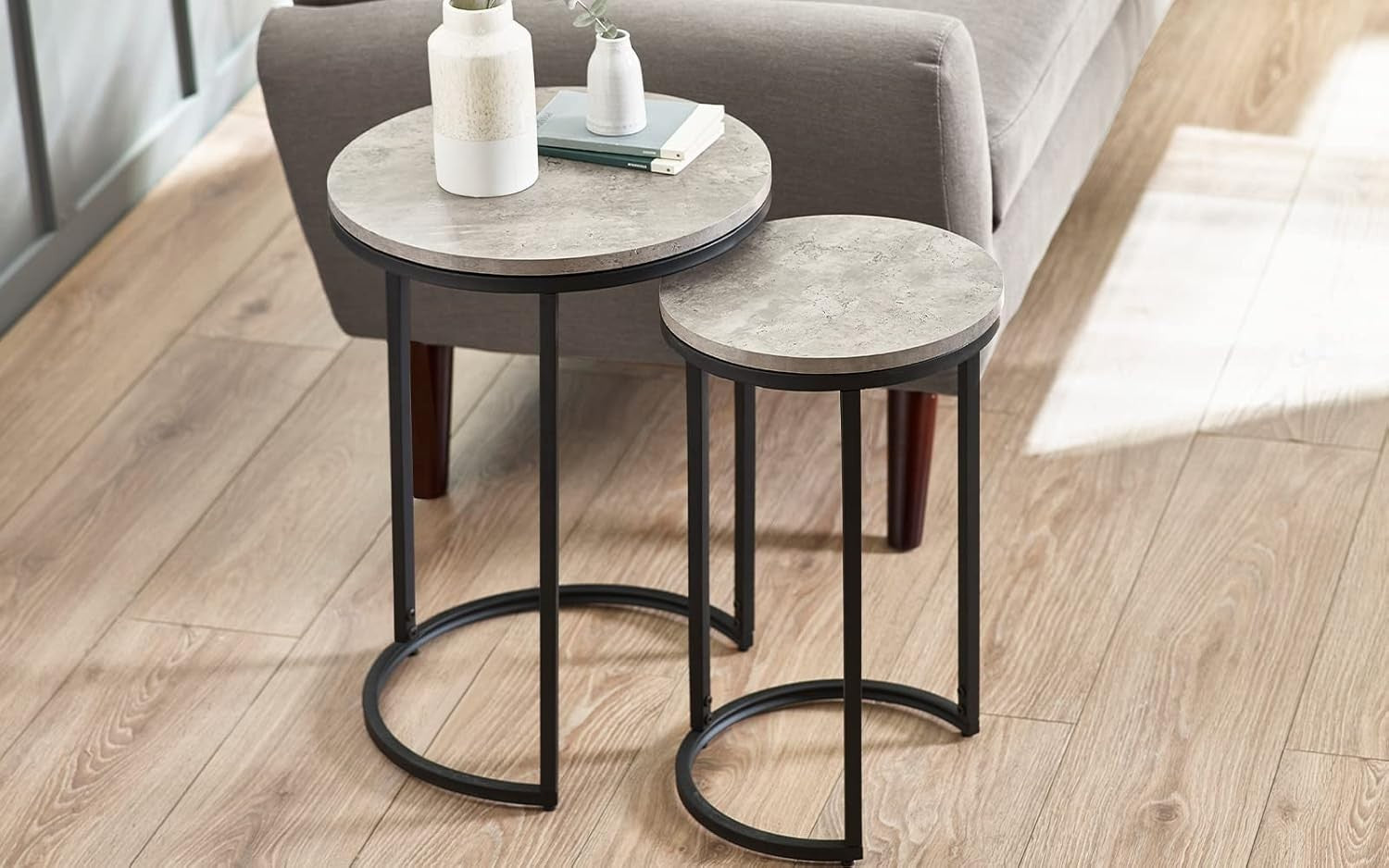 Round Nesting Side Tables Industrial Modern Concrete Black Metal Legs 2-Pack