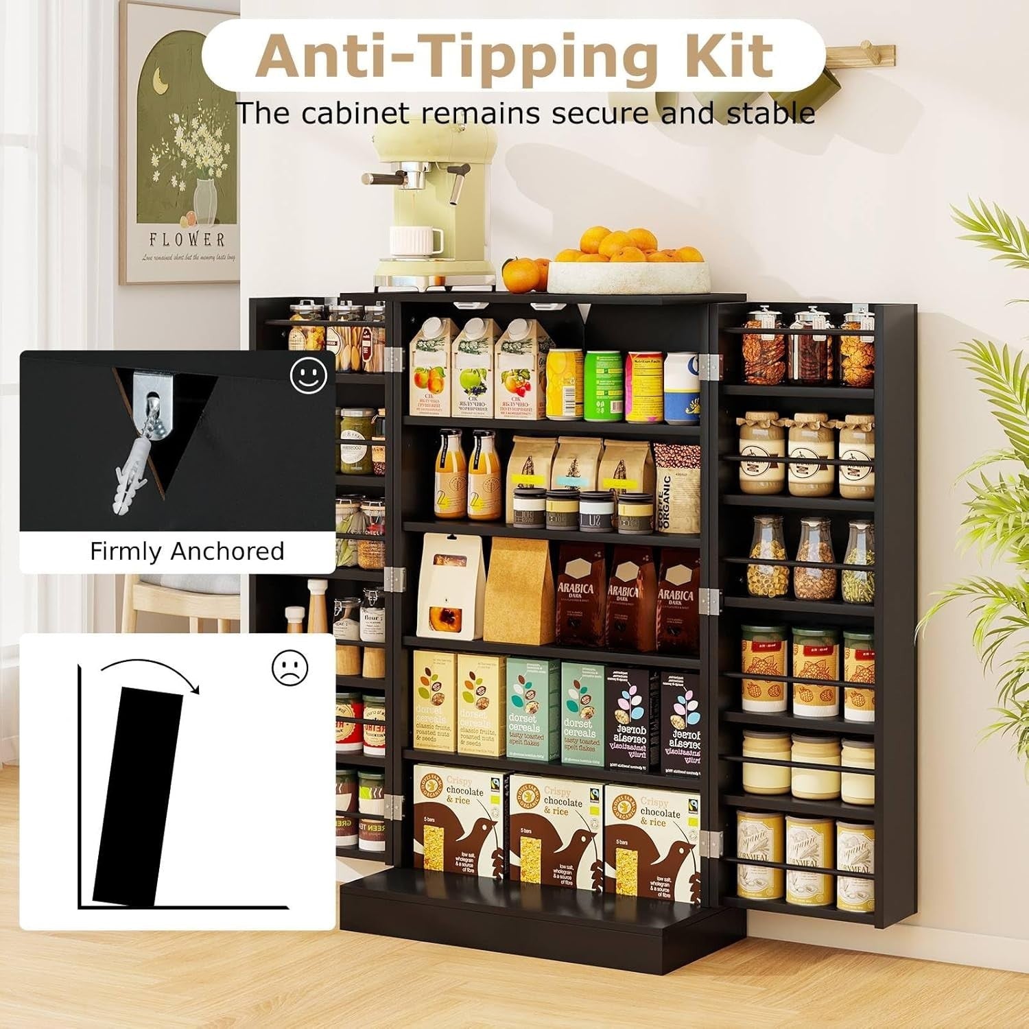 Black 59x30x104cm Kitchen Cupboard Pantry Cabinet Adjustable Shelves