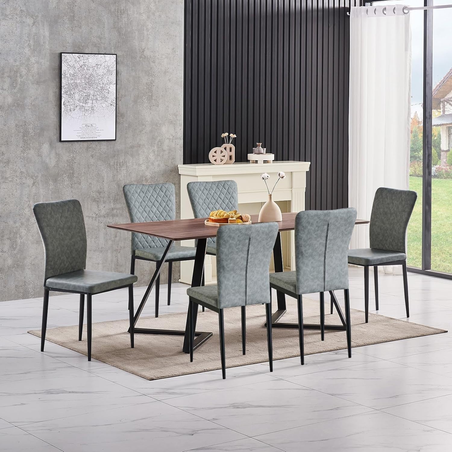 Dining Table Set 6 with 6 Grey Faux Leather Chairs, Oak 150x80cm, Modern Kitchen
