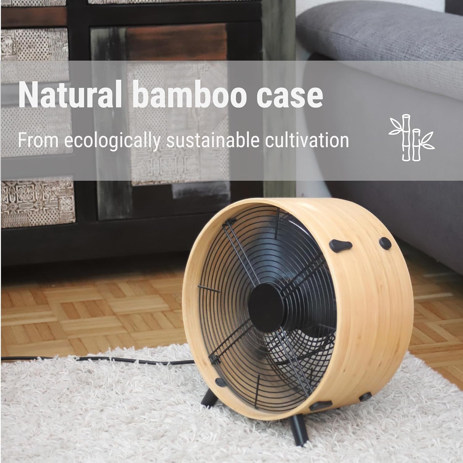 Eco-Friendly Bamboo Floor Fan – 3-Speed High Velocity Air Circulator 45W Quiet