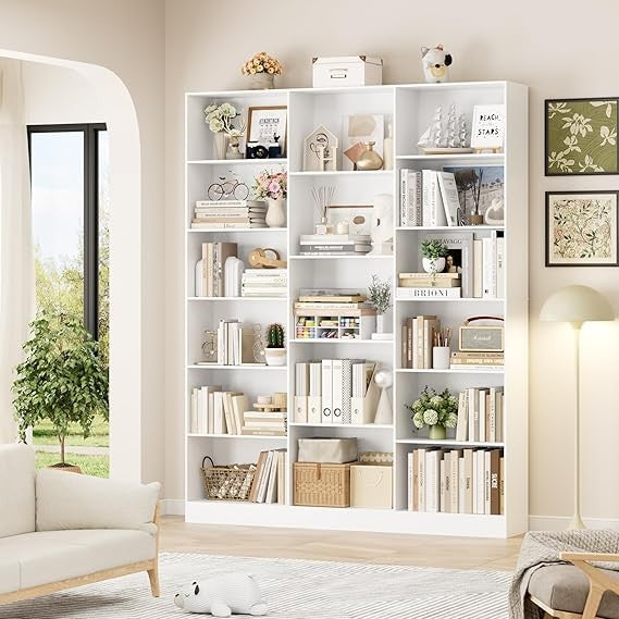 Tall White 6-Tier Bookshelf 188cm Large Display Unit with 17 Shelves for Home