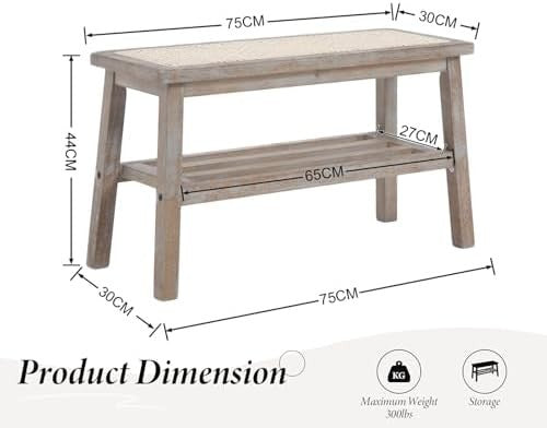 Rattan Dining Storage Bench Solid Wood Legs Ottoman Seat Entryway Hallway