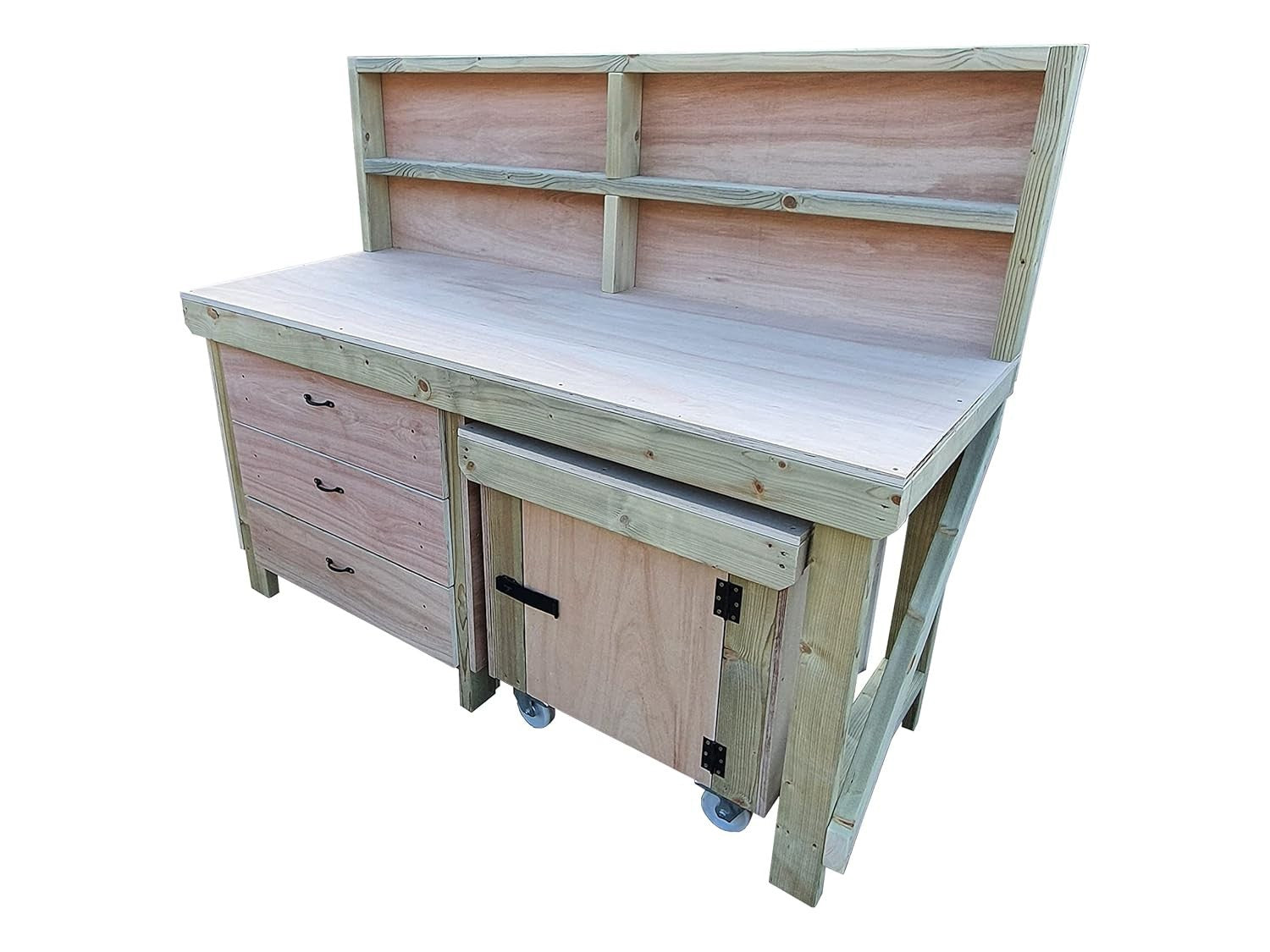 5ft Heavy Duty Wooden Workbench w/ Drawers, Lockable Cupboard & Back Panel