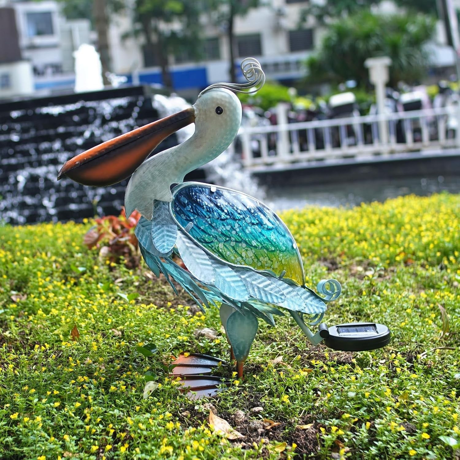 Solar Pelican Garden Ornament Metal LED Light Outdoor Patio Decor 17" Coastal