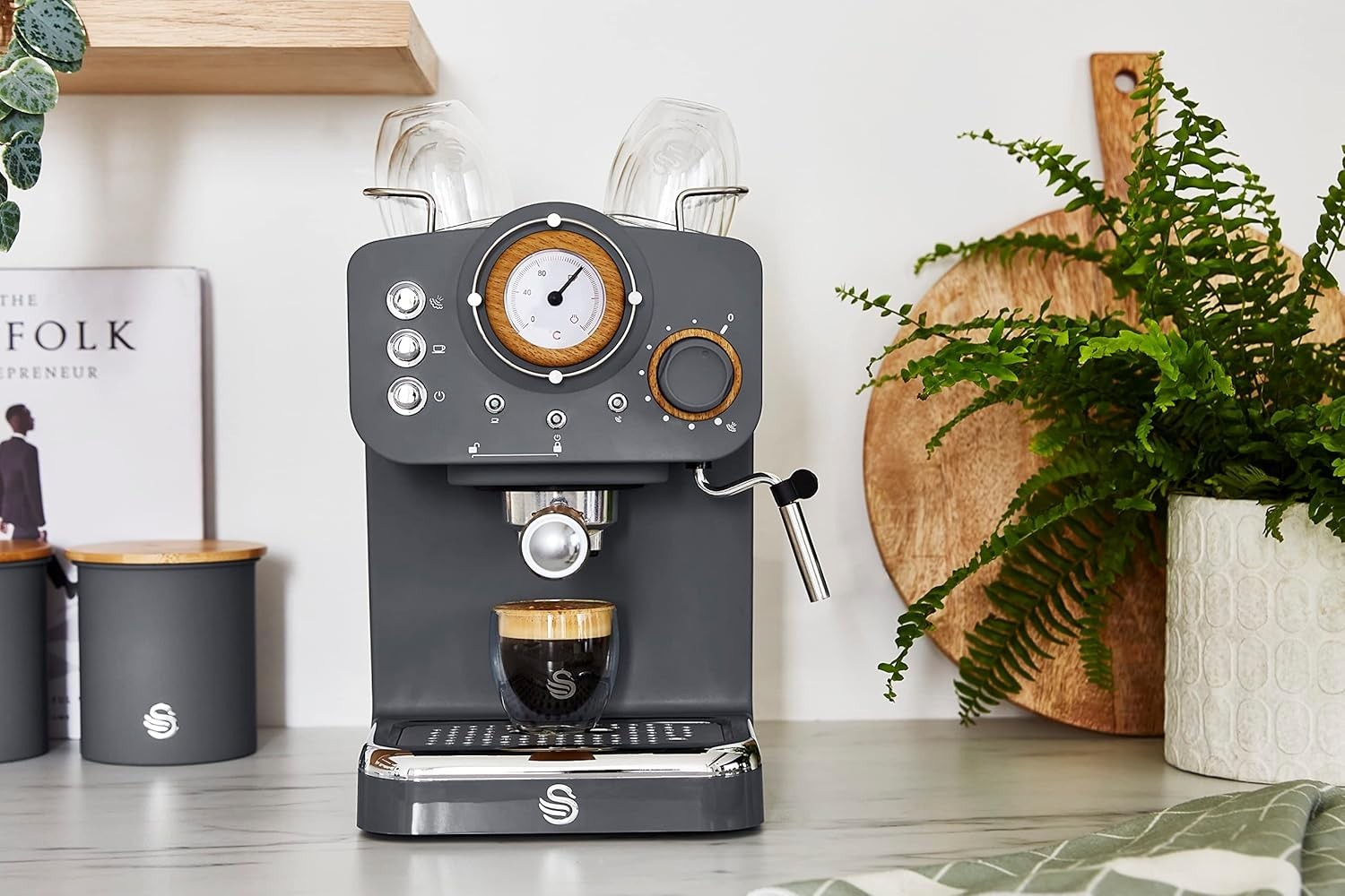 Nordic Espresso Coffee Machine 15 Bar Pressure Milk Frother 1.2L Retro Grey