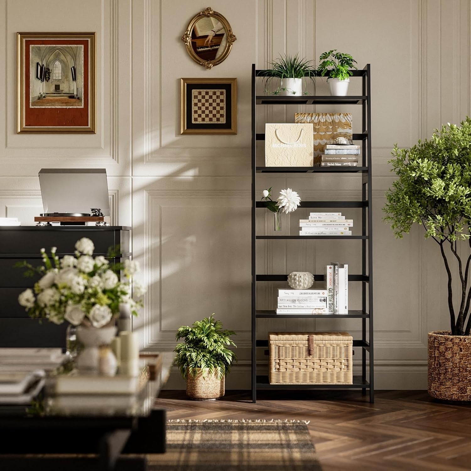 Black 5-Tier Bamboo Ladder Bookcase, Heavy Duty Tall Display Storage Shelf